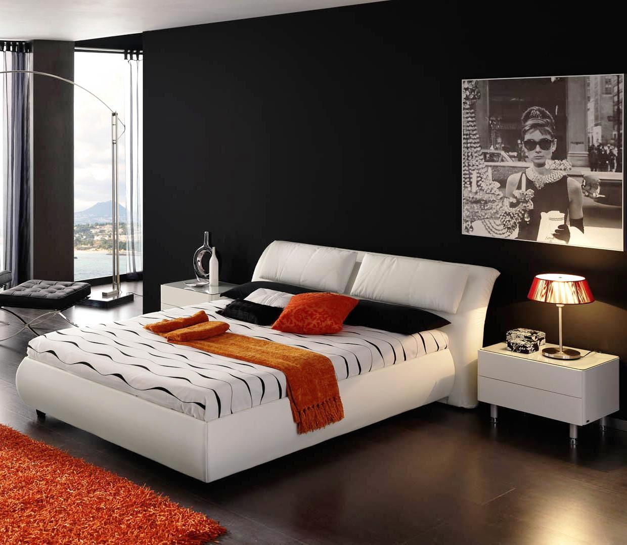 Mens Bedroom Black Awesome Men's Bedroom Ideas With Black Accent Wall Color Furnished With White Queen Bed And Twin Nightstands Also Completed With Orange Soft Rug Bedroom Mens Bedroom Ideas: The Design Character