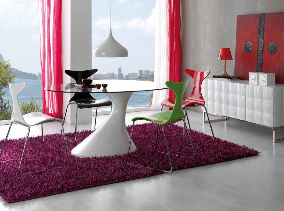 Modern Dining With Awesome Modern Dining Room Sets With Unique Glass Oval Table Furnished With Colorful Chairs On Purple Rug And Completed With Pendant Lamp Dining Room The Best Modern Dining Room Sets