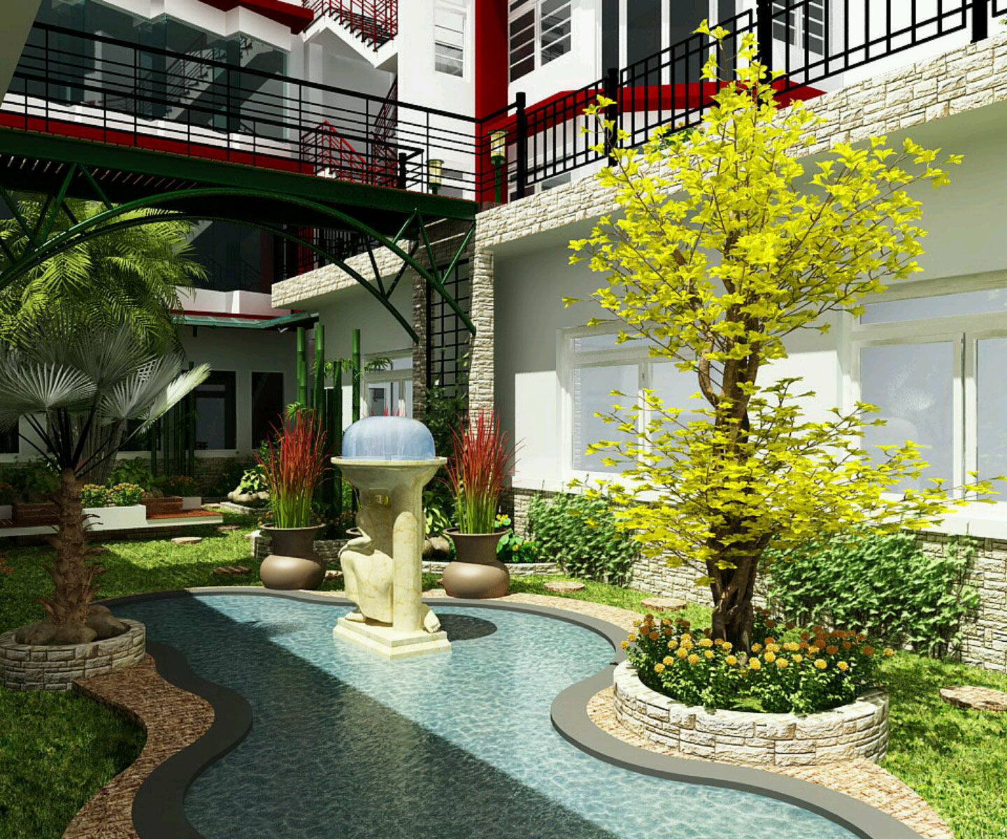 Modern Luxury Ideas Awesome Modern Luxury Garden Design Ideas With Contemporary Pool Furnished With Fountain Completed With Neat Green Grass And Hodgepodge Trees Garden Garden Design Ideas As The Additional Decoration For Enhancing House