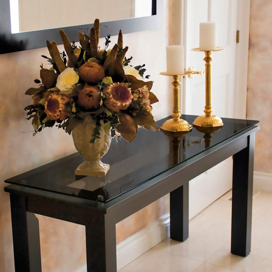 Narrow Console Black Awesome Narrow Console Table With Black Color Paint Feat Couple Gold Candle Holders And Beautiful Urn With Flowers Interior Design  Adding Narrow Console Tables For Perfect Interior Room Decor 