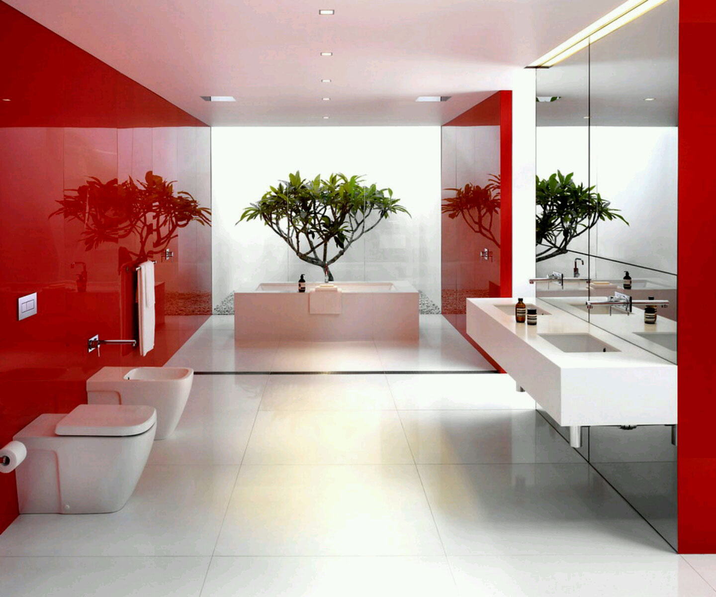 Red Wall With Awesome Red Wall Design Mixed With Splendid White Composite Appliances In Remarkable Modern Bathroom Bathroom Modern Bathroom Interior Designs That Make Elegant And Luxurious Statement
