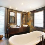 Soaking Tub Brick Awesome Soaking Tub Overlooking With Brick Pattern Stone Wall In Eccentric Rustic Bathroom Ideas Bathroom Traditional Wooden Made Furniture And Simple Fixtures Inside Rustic Bathroom Design