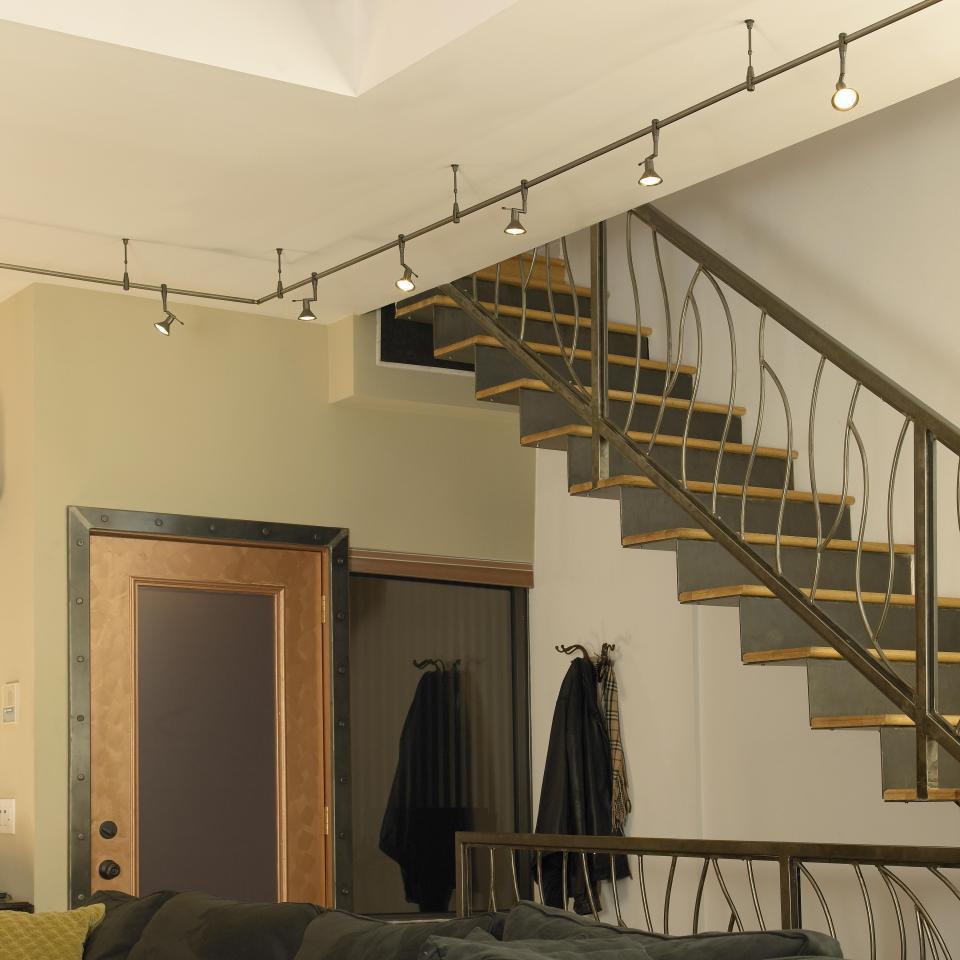 Staircase With Railing Awesome Staircase With Wrought Iron Railing And Contemporary Track Lighting Fixtures Plus Hanging Coat Rack Decoration  Making Romantic Rooms With Track Lighting Fixture 