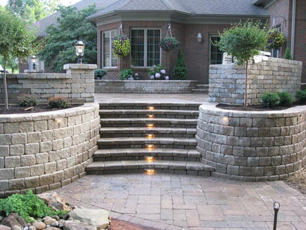 Stoned Flower Walls Awesome Stoned Flower Bed Retaining Walls Are Flanking Steps With Dim Recessed Lighting Decor Bedroom  Fabulous Retaining Wall Design Ideas 
