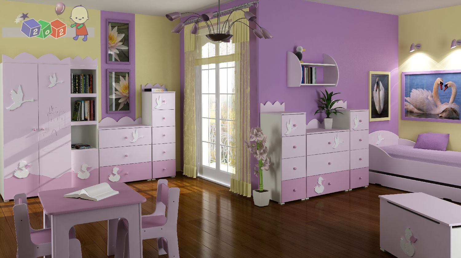 Wooden Flooring Purple Awesome Wooden Flooring Matched With Purple And Yellow Accent Wall Color In Kid Room Ideas Furnished With Tiny Table And Chairs Plus Completed With Cupboard And Single Bed Kids Room 15 Trendy Kids Room Ideas For The Bold Modern Home