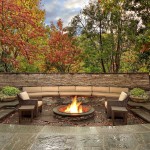 Design Of Living Backyard Design Of An Outdoor Living Spaces With A Bonfire Area On A Granite Floor Long Couches Chairs And Tables Outdoor Charming Outdoor Living Spaces For Your Modern Dwelling