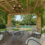 In An Spaces Backyard In An Outdoor Living Spaces Design White Cushioned Chairs Coffee Table Chandelier And A Pool Outdoor Charming Outdoor Living Spaces For Your Modern Dwelling