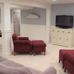 Paint Colors And Basement Paint Colors With White And Soft Purple Design In Traditional Decor Using Red Fabric Sofa And White TV Cabinet Basement Paint Colors For Soothing Purpose
