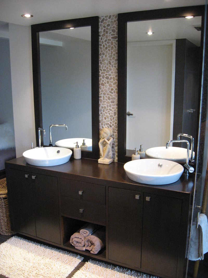 Space Design Framed Bathing Space Design With Two Framed Bathroom Vanity Mirrors Marble Floor And Built In Washbasins Wooden Cabinets Bathroom Stunning Bathroom Vanity Mirrors For Elegant Homes