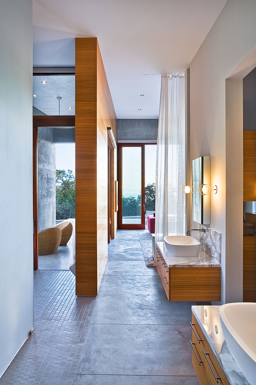 Corridor Large With Bathroom Corridor Large House Design With Exposed Concrete Floor Tiles Wooden Vanity With Drawer And Marble Countertop Plus Wood Wall Panels Ideas Architecture Sophisticated Concrete And Steel Modern Home With Glass Elements