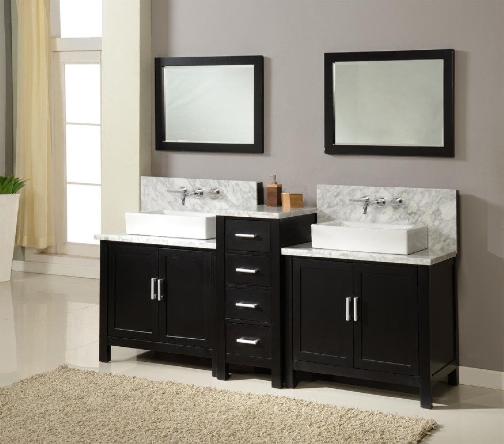 With Shag Square Bathroom With Shag Rug And Square Wall Mirror Idea Feat Compact Black Vanity Cabinets Plus Stylish Wall Mount Faucet Bathroom  Inspiring Wall Mount Faucets In Comely Bathrooms 