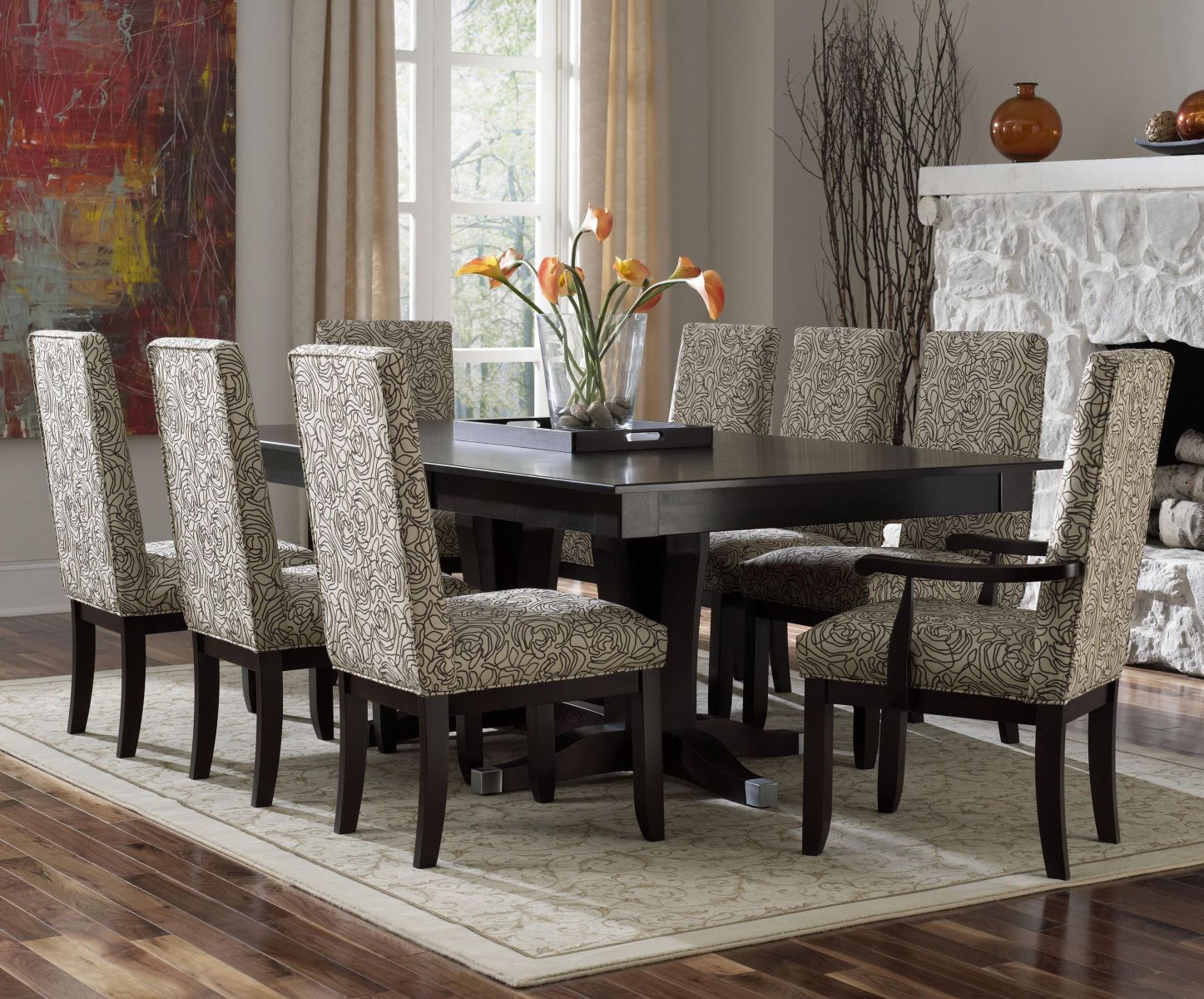 Brown Dining With Beautiful Brown Dining Room Set With Floral Chairs Around Black Table Near Stoned Fireplace Dining Room Various Dining Room Sets For Your Comfortable Meal Time
