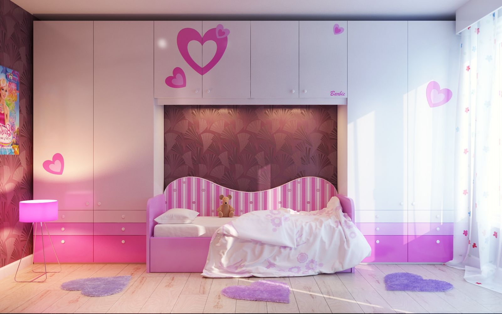 Contemporary Kids Gilrs Beautiful Contemporary Kids Bedroom For Girls Applying Natural Wooden Flooring With Single Bed In Pink Platform Coupled With White Cupboard And Furnished With Kids Room Rugs Kids Room Kids Room Rugs: Between Classic And Modern Style