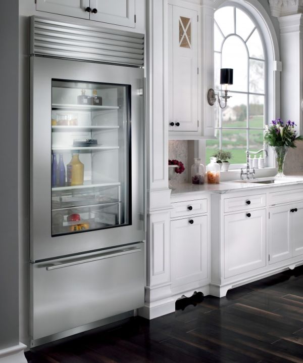 Door Refrigerator Kitchen Beautiful Glass Door Refrigerator For A Kitchen Design With Wooden Floor White Kitchen Cabinets And White Marble Kitchen Countertop Decoration Stylish Glass Door Fridge To See What Is Inside