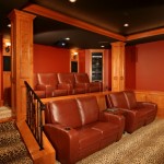 Leopard Skin Plus Beautiful Leopard Skin Area Rug Plus Brown Leather Seating And Metal Railing Feat Recessed Light In Contemporary Home Theater Idea Decoration  Make Your Own Private Home Theatre 