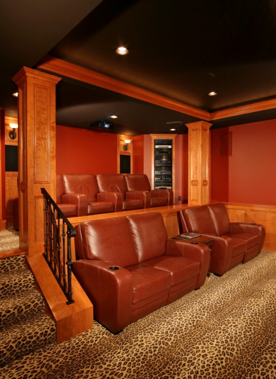 Leopard Skin Plus Beautiful Leopard Skin Area Rug Plus Brown Leather Seating And Metal Railing Feat Recessed Light In Contemporary Home Theater Idea Decoration  Make Your Own Private Home Theatre 