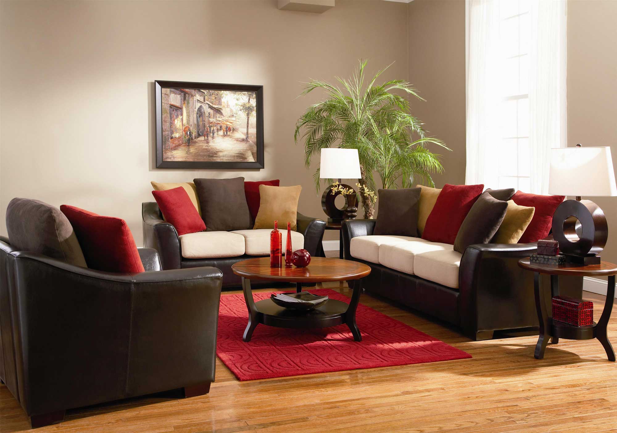 Living Room With Beautiful Living Room Furniture Sets With Sofa Also Loveseat And Chairs With Hodgepodge Cushions Furnished With Round Table On Red Rug And Completed With Table Lamps Furniture The Best Living Room Furniture Sets