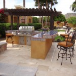 Kitchen Designs Concrete Beautiful Outdoor Kitchen Designs Decorated With Cool Concrete Tile Flooring And Small Wooden Pergola And Classic Bar Stools Ideas Kitchen Outdoor Kitchen Designs With Uncovered And Covered Style Helping Your Pizza Baking Feast