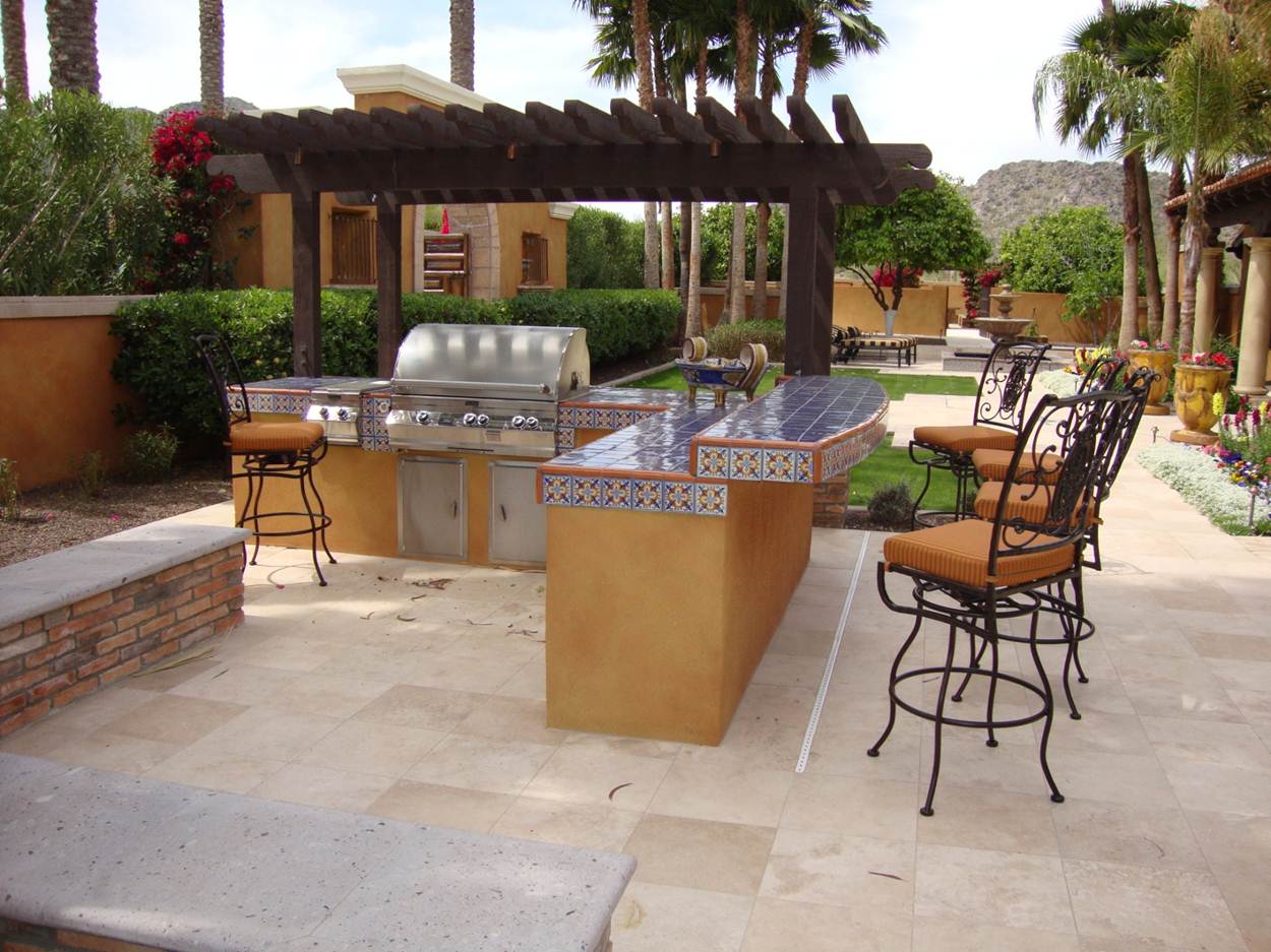 Kitchen Designs Concrete Beautiful Outdoor Kitchen Designs Decorated With Cool Concrete Tile Flooring And Small Wooden Pergola And Classic Bar Stools Ideas Kitchen Outdoor Kitchen Designs With Uncovered And Covered Style Helping Your Pizza Baking Feast