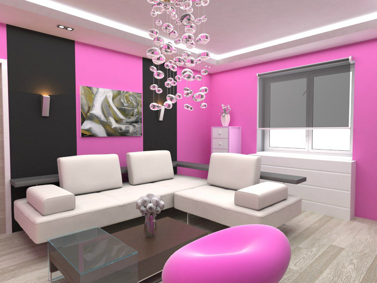 Pink Living With Beautiful Pink Living Room Design With Sectional Sofa In White Color Furnished With Bench And Brown Table Plus Completed With Antique Pendant Lamps Living Room Stylish And Simply Living Room Design