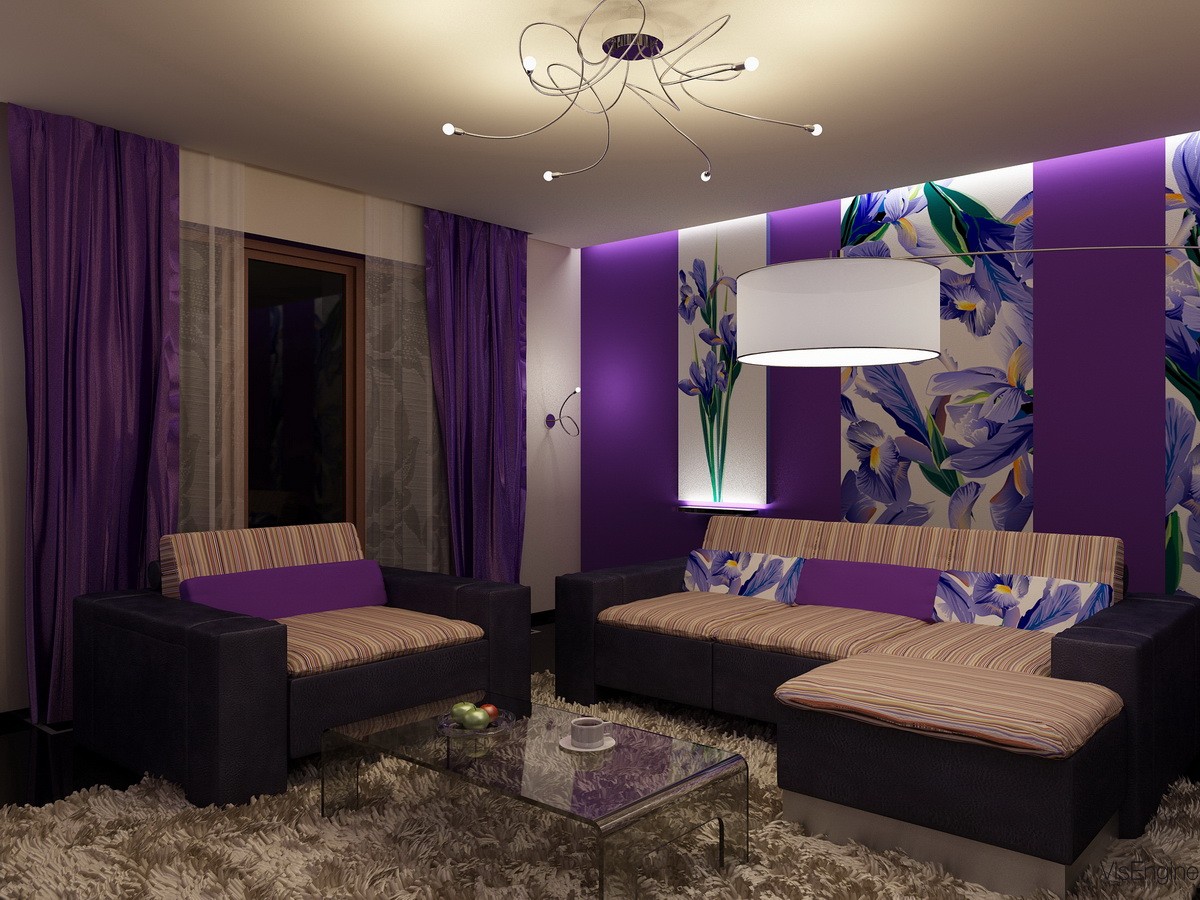 Purple Interior Living Beautiful Purple Interior Of Small Living Room Ideas With Room Curtains Furnished With Elegant Sofa And Chair Completed With Bench And Ghost Table On Soft Rug Living Room Stylish Small Living Room Ideas