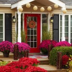 Red And Front Beautiful Red And Purple Flowers Front Yard Decoration Designed In Front Of Red Glass French Front Door Color Plus Wreath Accessory Decoration  Colorful Front Door Colors 