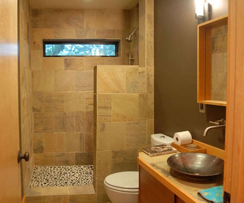 Stone Floor Vanity Beautiful Stone Floor Feat Copper Vanity Sink Design Plus Elegant Brown Shower Tile Idea Bathroom  Elegant Bathroom With Shower Tiles 