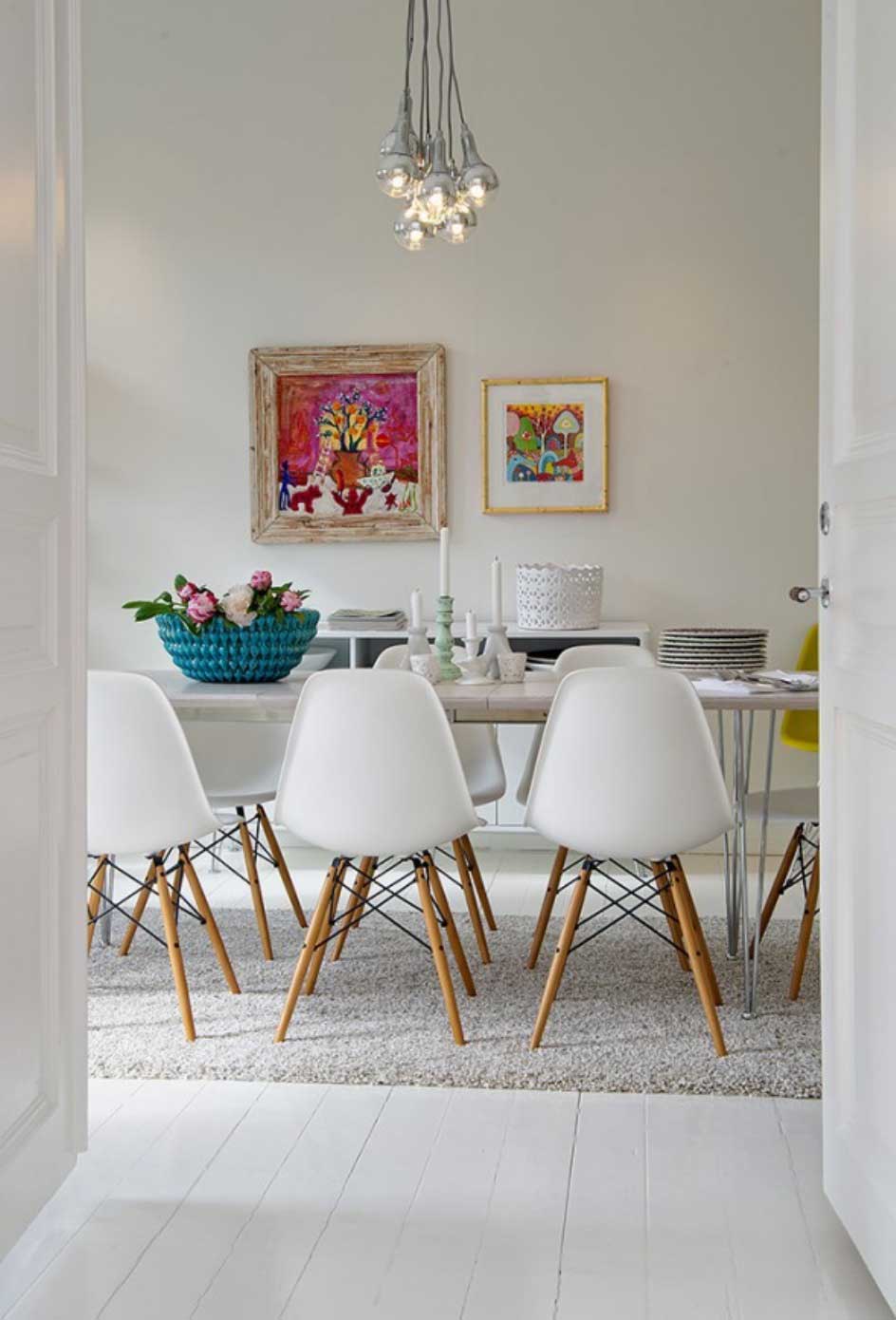 White Themed For Beautiful White Themed Dining Room For Small Houses Design With Contemporary Dining Table Idea And Adorable White Feather Carpet Design Also Lovely Hanging Lamps Ideas Dining Room The Best Simple Dining Room Ideas