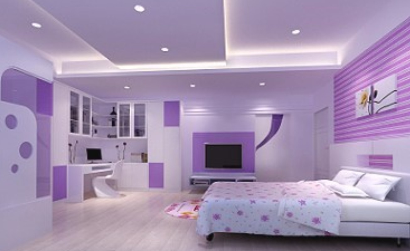 View With Floor Bedroom View With White Marble Floor Purple Nuance Painted Walls Flatt Screen TV And King Sized Bed For Interior Design Bedroom Ideas Bedroom Scale And Proportion In Interior Design That Will Rock Your Bedroom