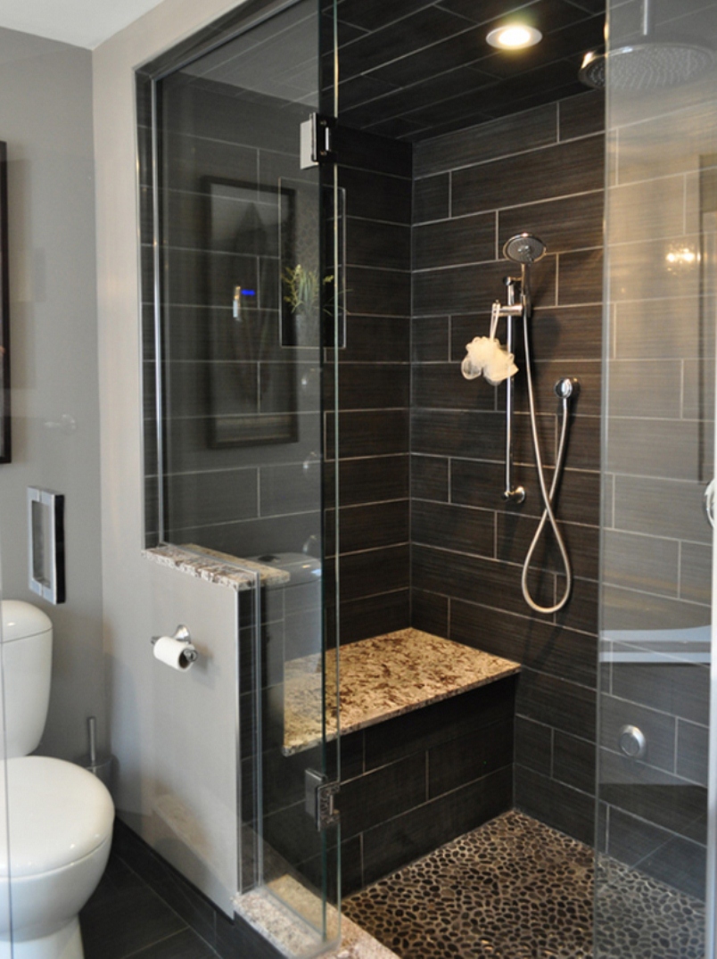 In Cubical With Bench In Cubical Shower Designed With Black Tile Floor Also Glass Door Equipped With Rain Showerhead  Bathroom  Attractive And Safe Floor Tiles For Shower 