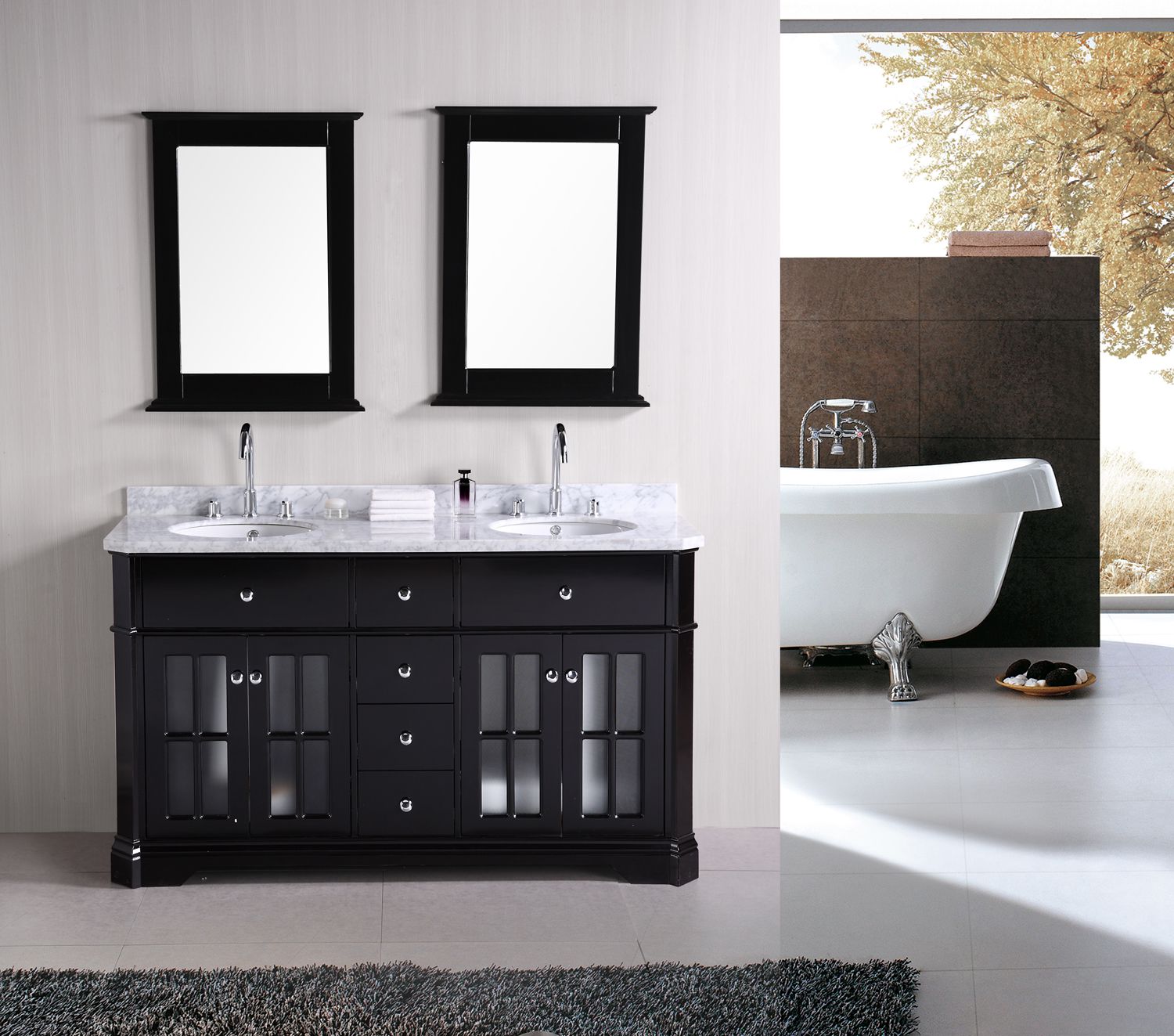 Twin Double Design Best Twin Double Sink Vanity Design With Grey Fur Rug Near White Bathtub At House Interior Image Bathroom Double Sink Vanity Application For Spacious Bathroom Design