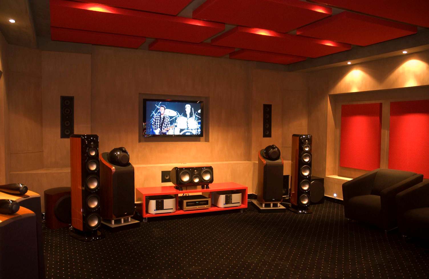 Wall To Also Best Wall To Wall Carpet Also Red Painted Ceiling And Freestanding Speakers In Cool Home Theater Idea Decoration  Make Your Own Private Home Theatre 