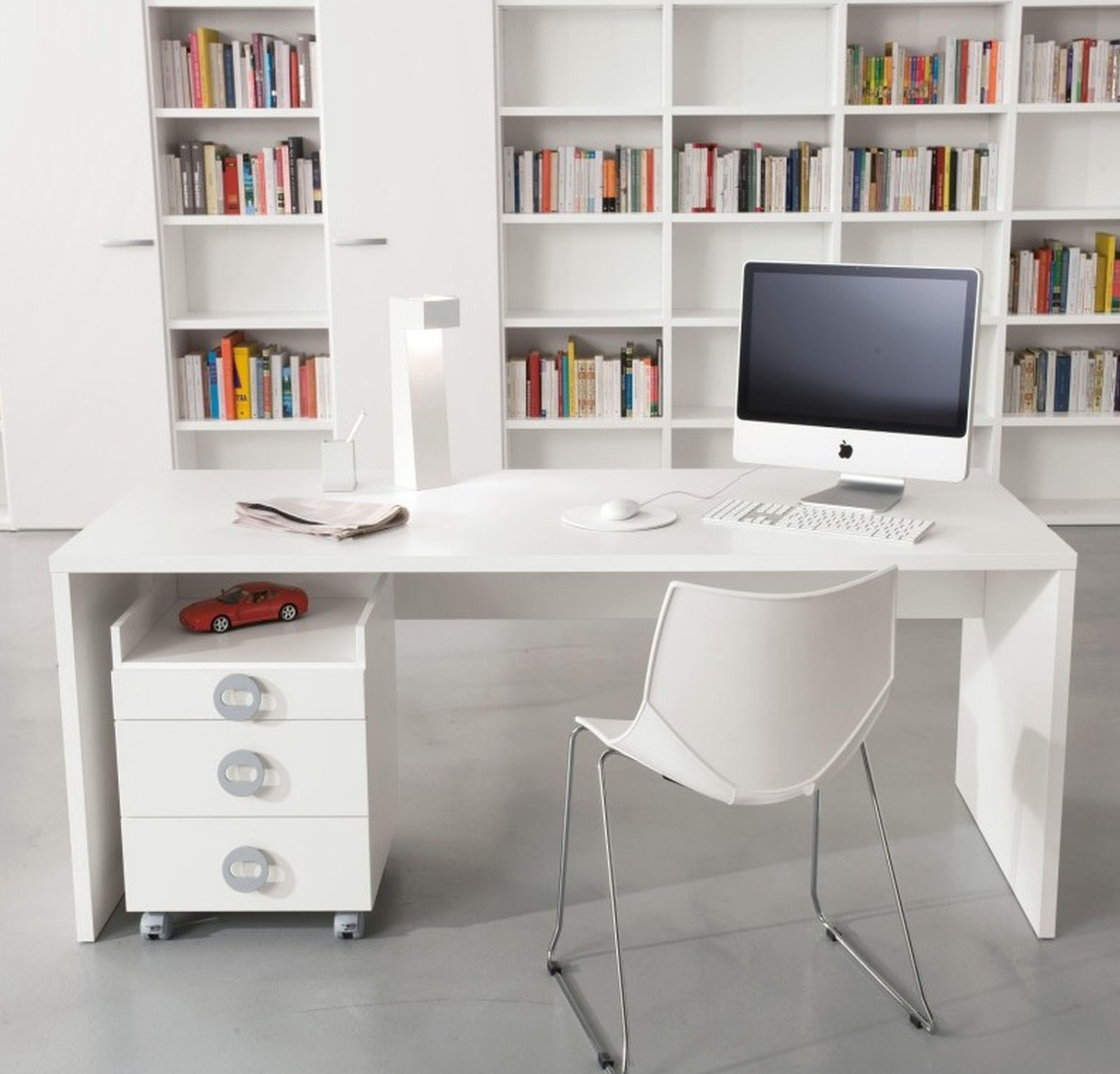 Shelf Facing Desk Big Shelf Facing Modern White Desk Plus Cool Table Lamp And Amusing Storage Near Chair Furniture Perfect Modern White Desk Application For Home Office