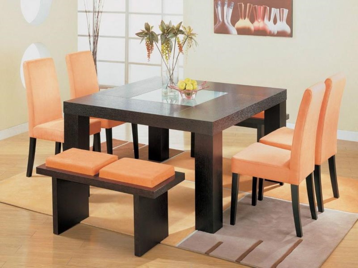 Square Wooden Decorated Big Square Wooden Kitchen Table Decorated With Glass Vase Centerpiece Also Orange Upholstered Chairs Set On Plaid Rug Dining Room Cozy Square Table For Kitchen As Bar And Additional Dining Room