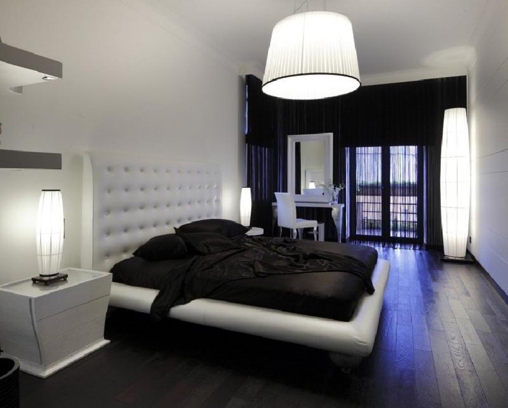 And White Cool Black And White Bedroom Featured Cool Lighting Fixtures Idea Plus Hardwood Floor Design Also Stunning Tufted Leather Headboard Bedroom  Applying Black And White Bedroom Ideas 