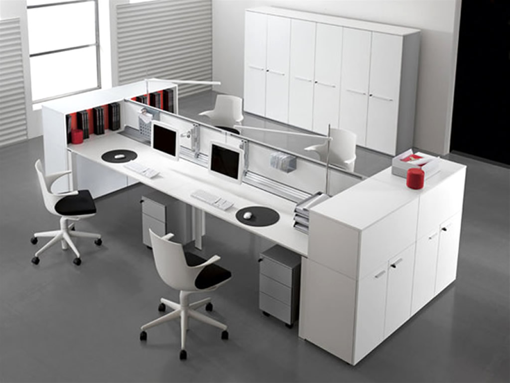 Ceramic Floor With Black Ceramic Floor Tile Contrast With Modern White Office Desk Plus Partition And Storages Set Design Office Elegant Office Room With Modern Office Desk