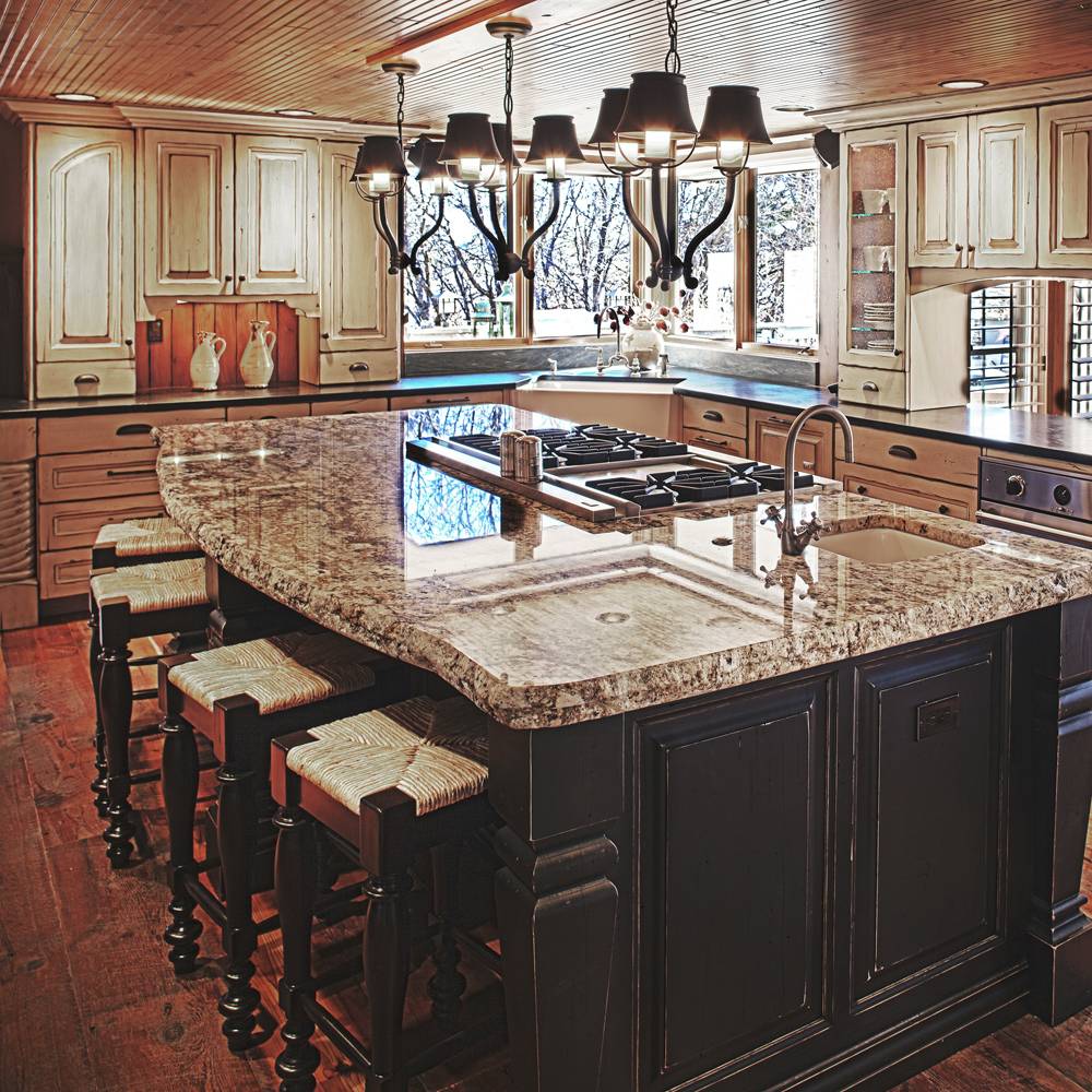 Hanging Lamp Kitchen Black Hanging Lamp Above Interesting Kitchen Island With Cooktop Beside Single Sink Under Faucet And Amusing Stools On Wooden Floor Kitchen Stylish Kitchen Island With Cooktop That Scream Timeless