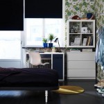 Window Shade Floor Black Window Shade Also Laminate Floor Feat Round Rug And Minimalist Desk Design Plus Captivating Dorm Decorating Idea With Floral Wallpaper Decoration Minimalist Dorm Decorating Ideas Along With Compact Features And Simple Accessories