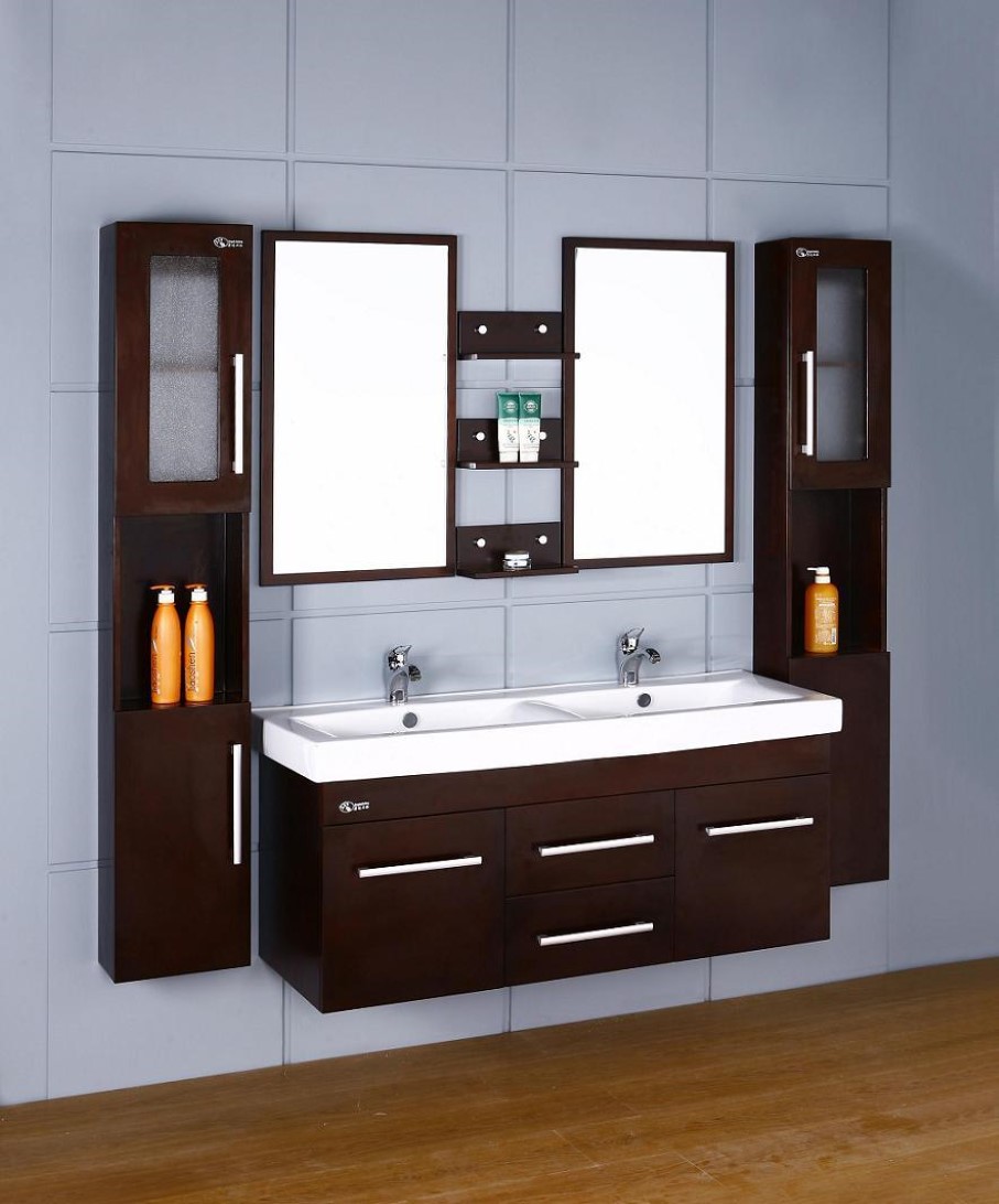 Wall Color Minimalist Blue Wall Color Idea Feat Minimalist Floating Bathroom Vanity And Double Sinks Design Plus Creative Mirrors With Shelves Bathroom  Bathroom Vanities And Sinks To Enhance Your Bathroom Style 