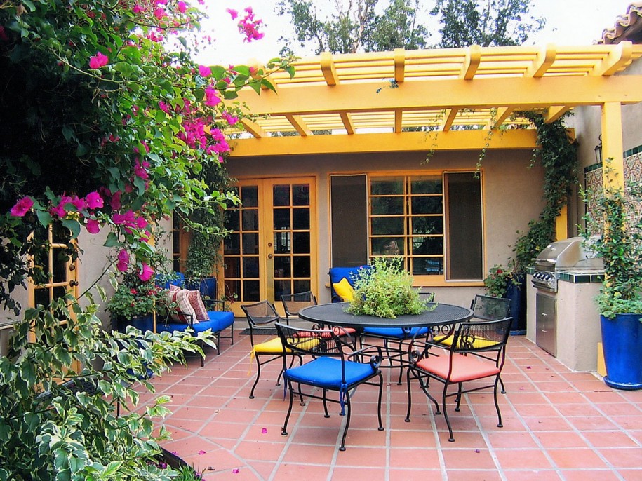Backyard Patio Bbq Bold Backyard Patio With Grill Bbq Plus Beautiful Pergola Design And Colorful Wrought Iron Chairs Feat Orange Floor Tile Backyard  Decorating Backyard Patio Ideas For Lovely Family And Enhancing Your House Design 