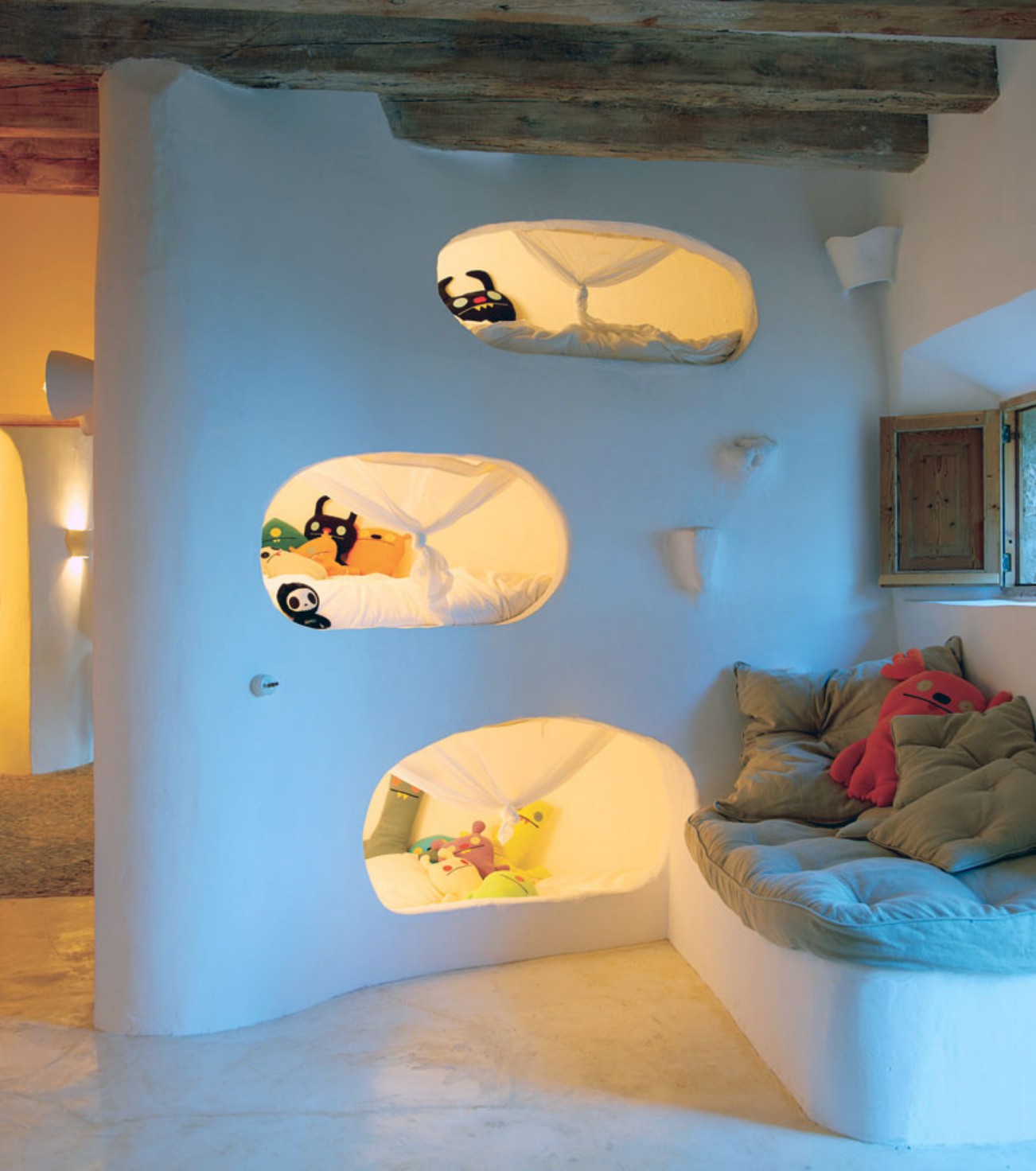 Cave Kids For Breathtaking Cave Kids Room Furniture For 3 Boys Design Ideas With Relaxing Rusty White Wall Paint Idea And Sweet Niches Wall Shelves Design Along With Rustic Wooden Beams Ceiling And Fantasy Doll Furniture Composing The Special Type Of Kids Room Furniture