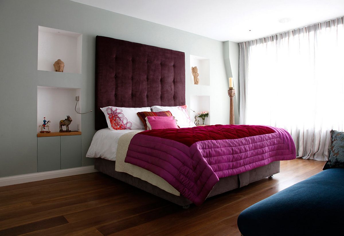 King Bed Headboard Breathtaking King Bed Applying Large Headboard In Dark Purple Color Furnished With Candle Holder Stand And Completed With Wall Decorations Cabinet Of Bedroom Design Ideas Bedroom 15 Charming Bedroom Design Ideas For Beautiful Hillside Homes