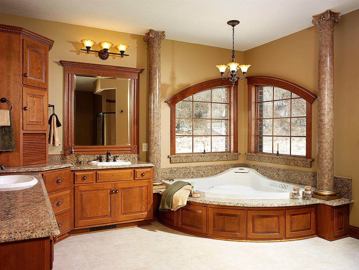 Mediterranean Bathroom Bathroom Breathtaking Mediterranean Bathroom Applying Master Bathroom Designs With Corner Bathtub And Chandelier Completed With Sectional Vanity Double Sink Furnished With Mirror Bathroom 15 Master Bathroom Design With Sophisticated Decor Accents