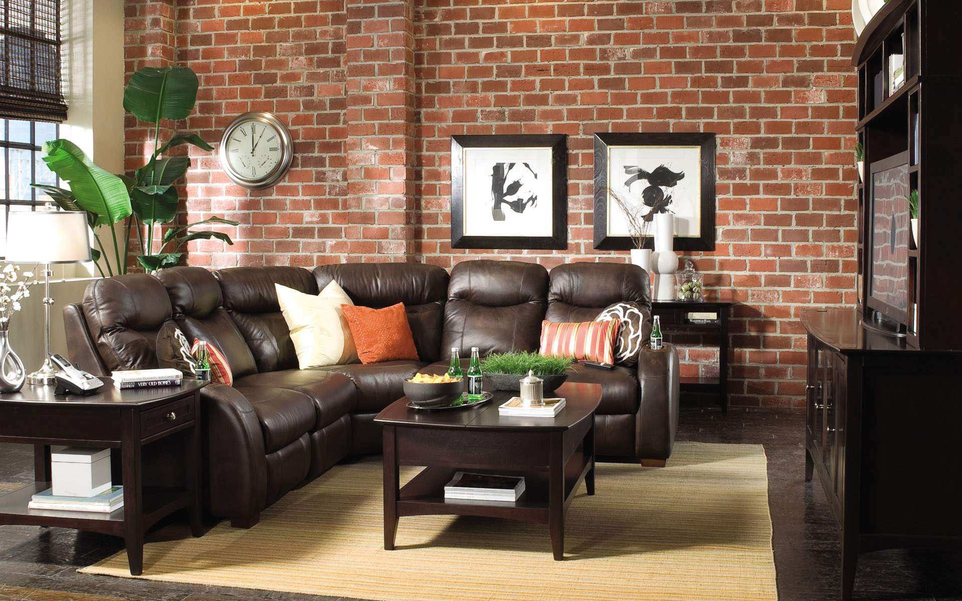 Minimalist Living Ideas Breathtaking Minimalist Living Room Decor Ideas With Red Brick Side Wall Design Furnished With Dark Brown Sofa And Table On Rug Plus Completed With Table Lamp Living Room The Best Living Room Decor Ideas That You Can Fix By Yourself