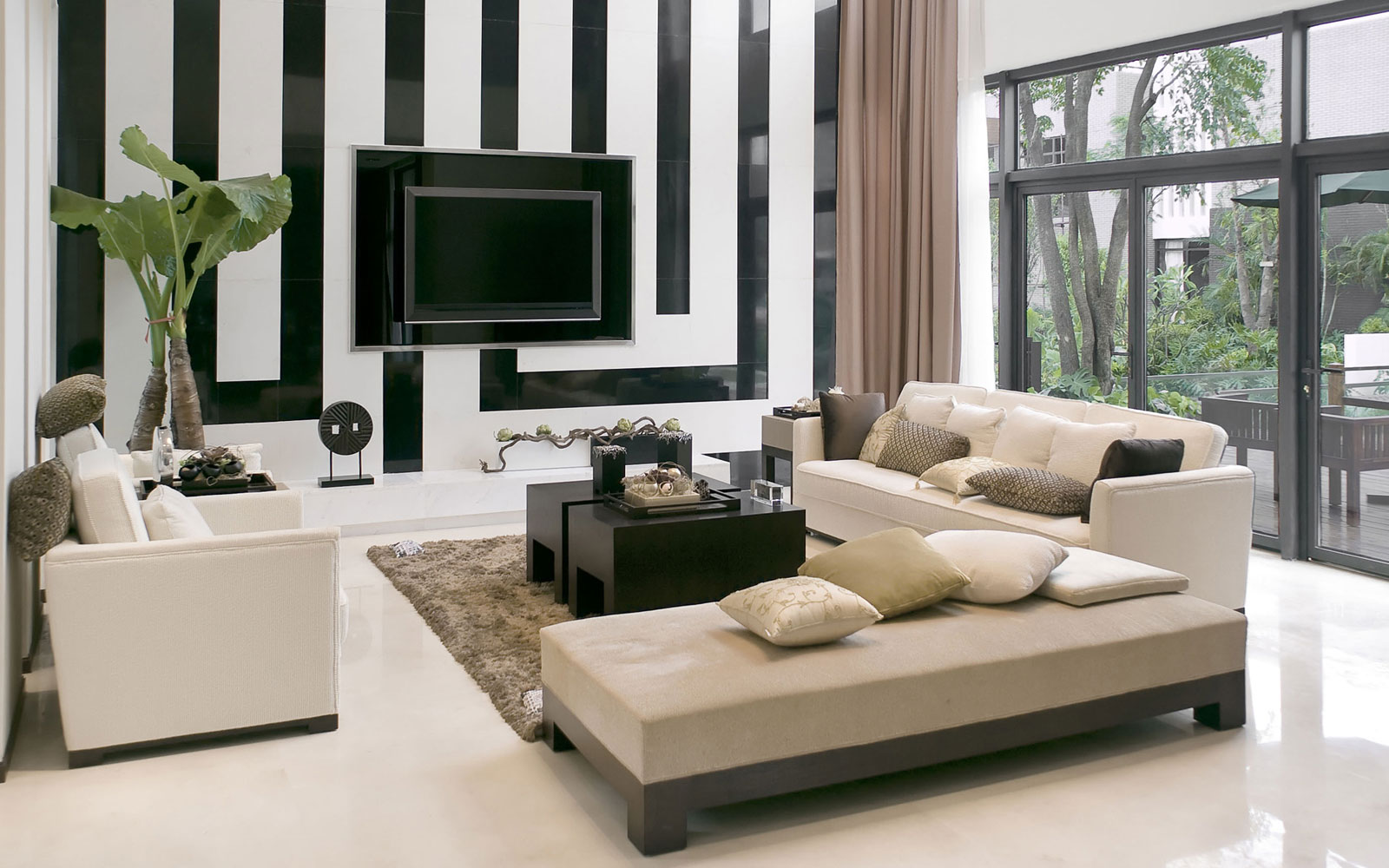 Modern Living With Breathtaking Modern Living Room Design With Sofa And Bench Completed By Cushions Furnished With Chair And Black Table On Thick Rug Also Added With Wall Television Living Room Stylish And Simply Living Room Design