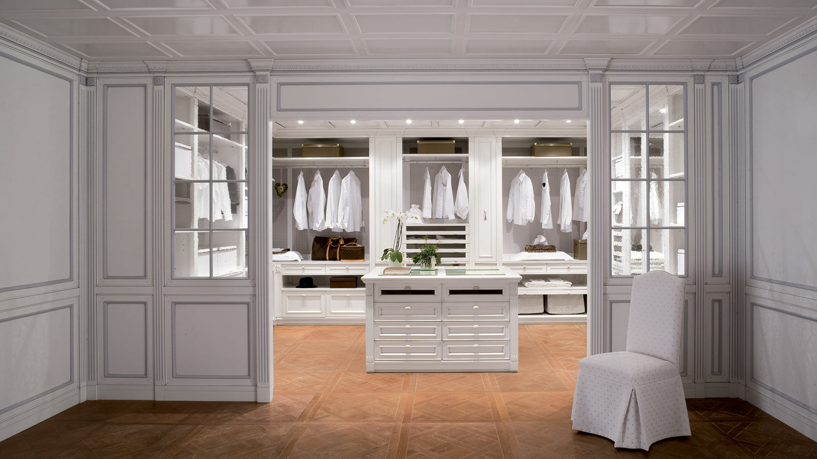 White Contemporary Closet Breathtaking White Contemporary Walk In Closet Ideas With Ceiling Lighting Completed By Clothes Rack And Cabinets Plus Furnished With White Chair Closet Walk In Closet Ideas: Enjoying Private Collection