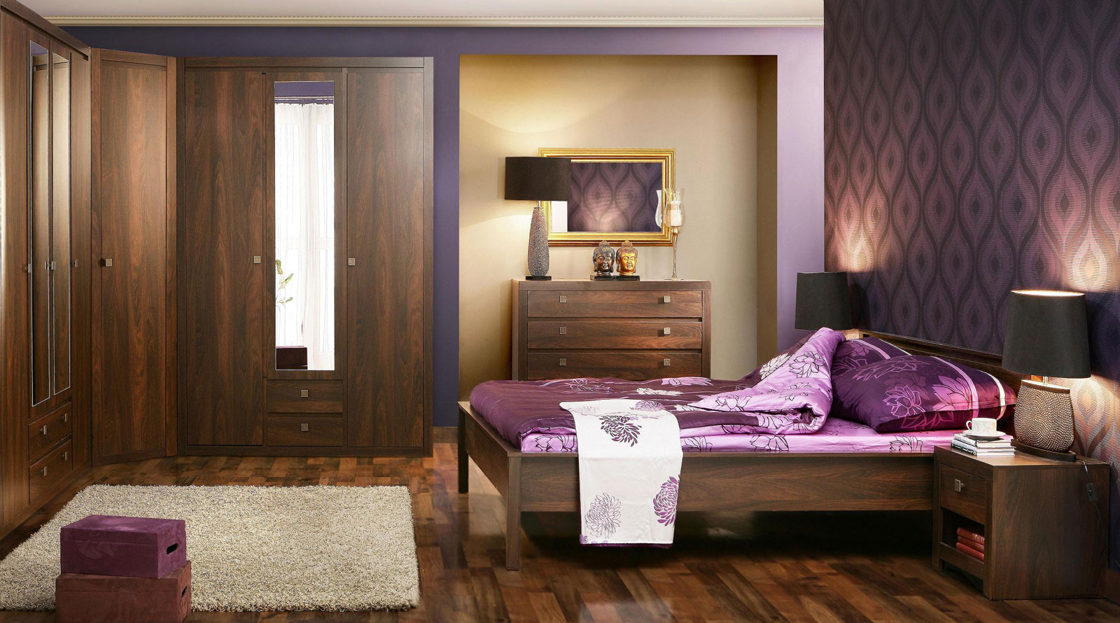 Wooden Flooring Combined Breathtaking Wooden Flooring In Bedroom Combined With Interior Design Styles Furnished With Medium Bed And Drawers Completed With Night Lamps Plus White Rug Interior Design Composing The Classic Or Modern Interior Design Styles