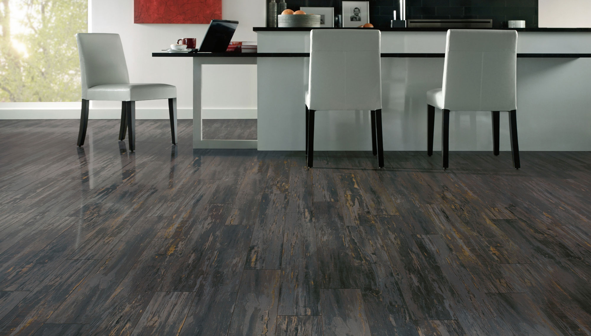 Color Hardwood For Calm Color Hardwood Laminate Flooring For Kitchen With Amusing Chair Facing Long Counter Interior Design Hardwood Laminate Flooring System For Astonishing Look