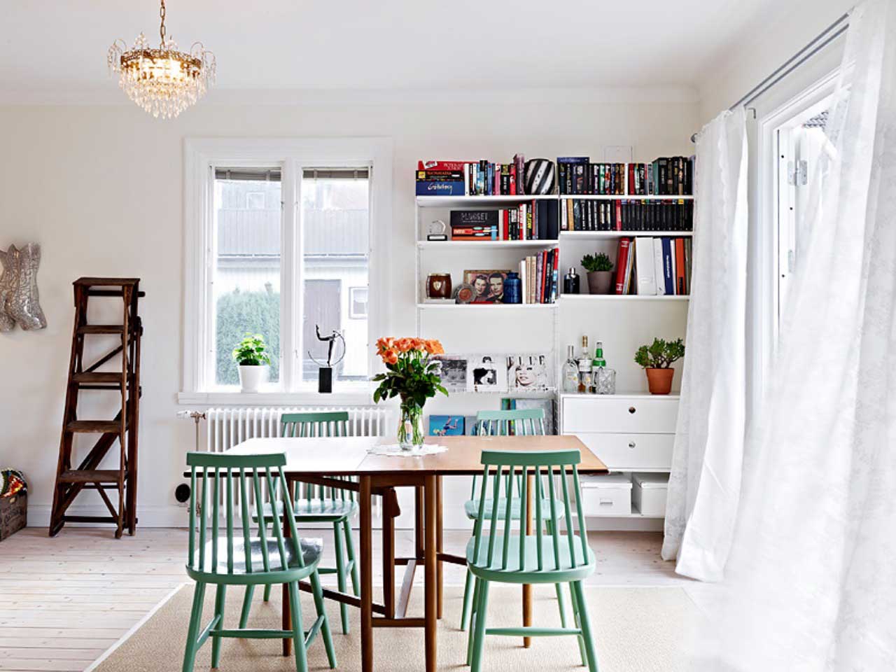Dining Room Nursing Calm Dining Room Ideas For Nursing Homes With Relaxing Celadon Turquoise Chairs Design And Traditional Rectangle Wooden Dining Table Idea Also Creative White Wall Mounted Bookshelves Design Dining Room The Best Simple Dining Room Ideas