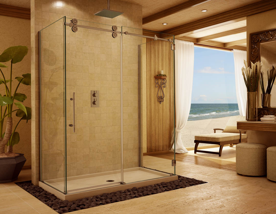 Brown Bathroom Beam Calming Brown Bathroom Focused On Beam Glass Shower Enclosure With White Recessed Lighting Also Decorative Ceiling Beams Interior Design  Awesome Decorations Of Glass Shower Enclosures 